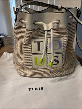 TOUS Beige and Cream Drawstring Bucket Shoulder Bag with Neon Accents